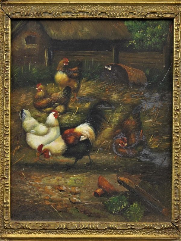 Olieverf schilderij met kippen